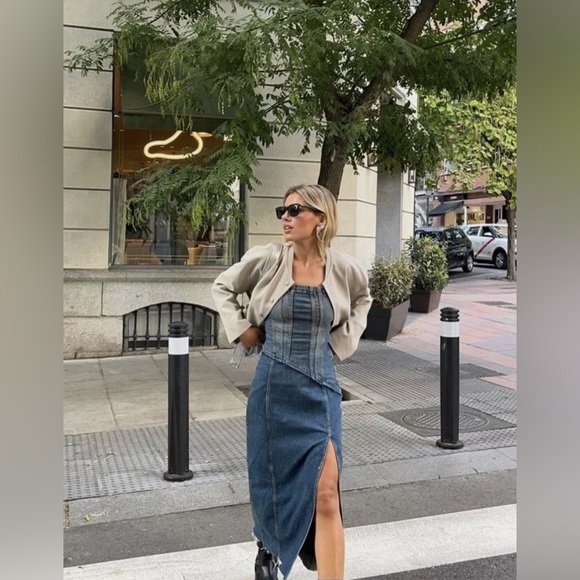 Zara TRF STRAPLESS DENIM MIDI DRESS. Navy Blue. Size XS. New with Tags. - Picture 6 of 10